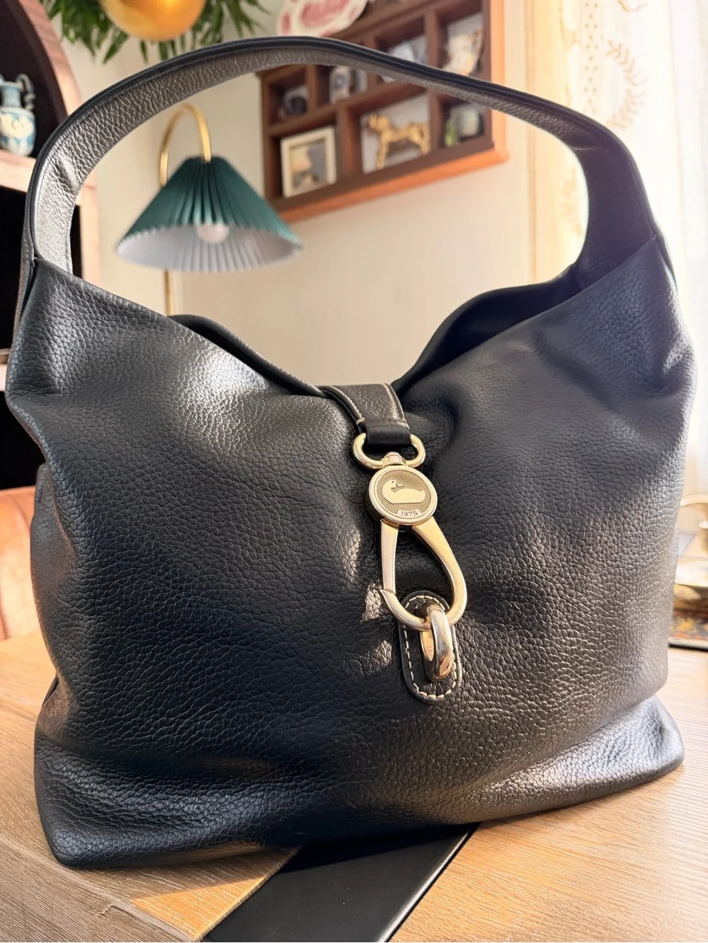 Dooney & Bourke Black Pebbled Leather Hobo with Silver Hardware